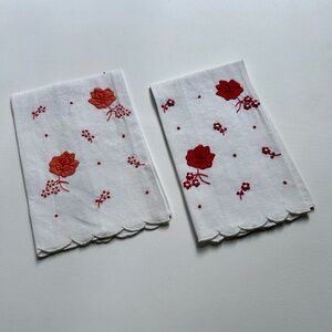 Vintage Pair of Embroidered White, Red & Coral Floral Finger Tip Towels